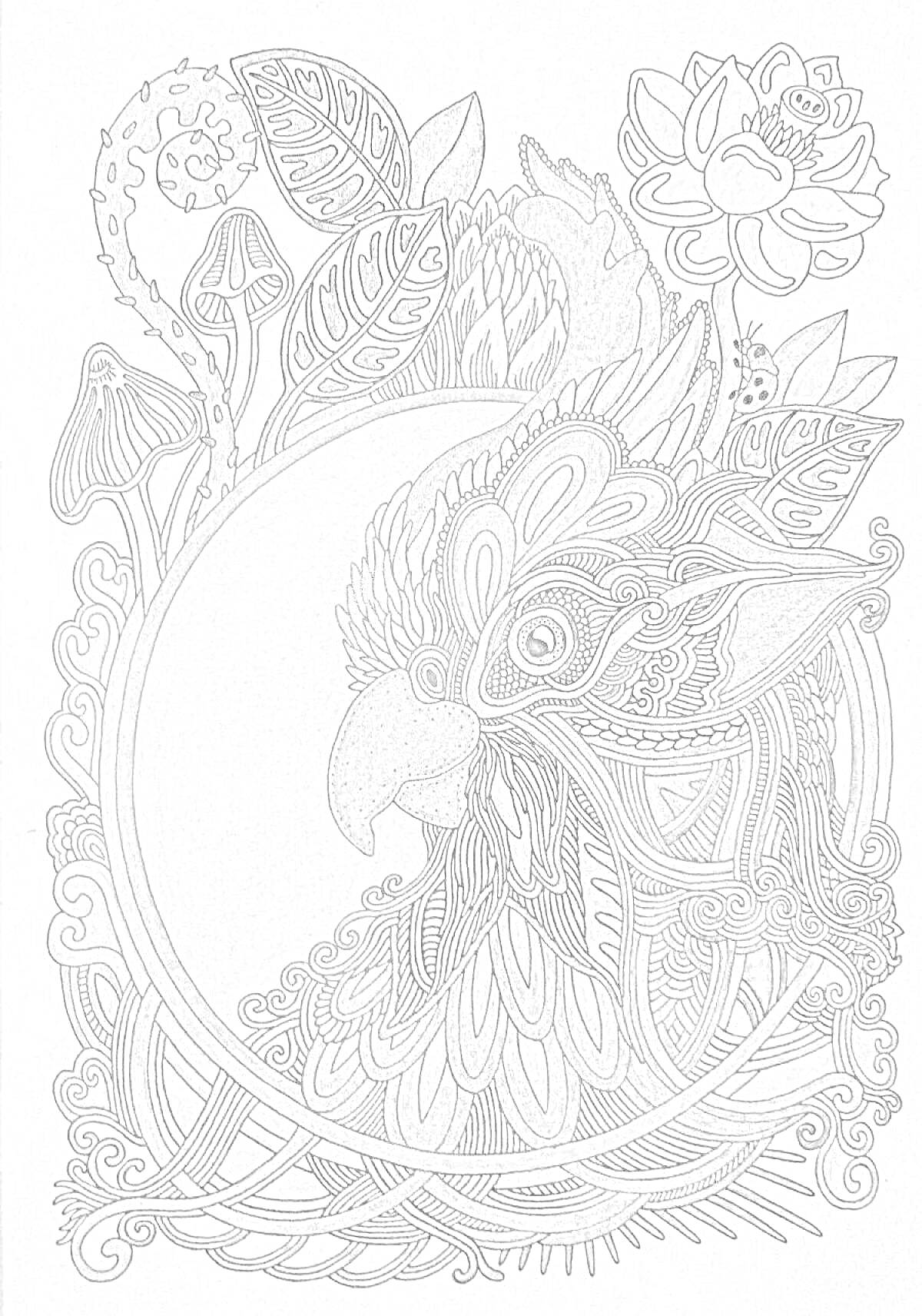 Раскраска Птица с цветами и листьями