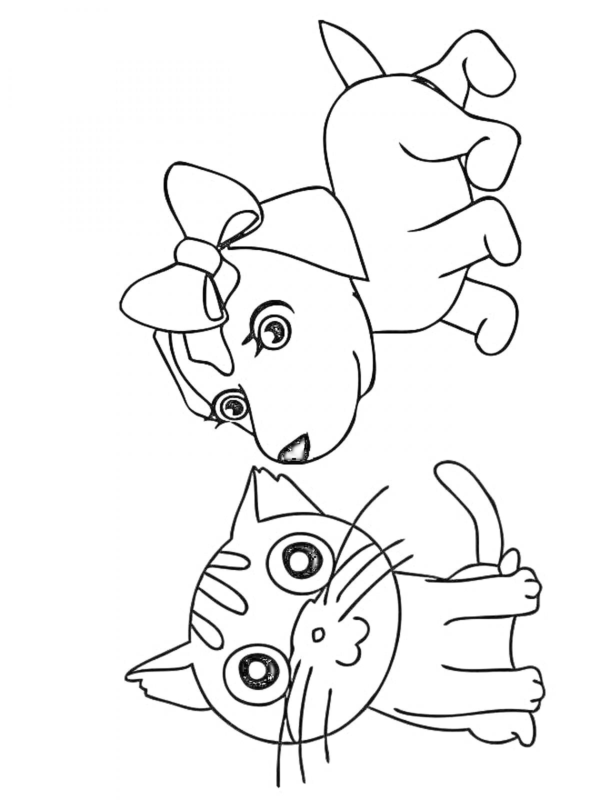Раскраска Кошка с большими глазами и собака с бантом