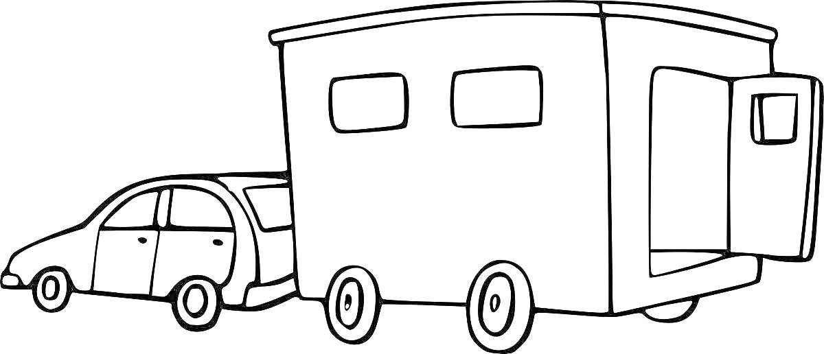 Раскраска Автомобиль с прицепом-домом: легковая машина с двумя окнами сзади, прицеп-дом на колесах с двумя окнами и открытой дверью