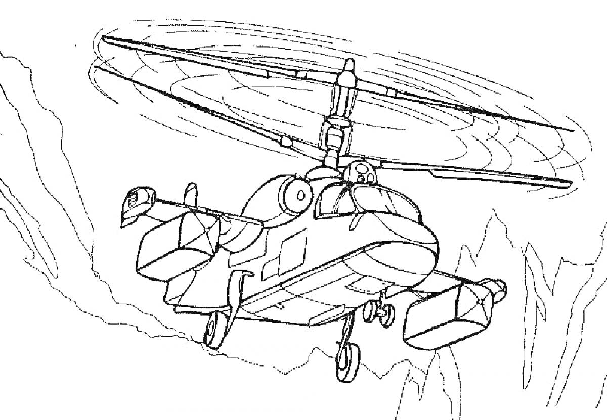 На раскраске изображено: Военный вертолет, Горы, Авиация, Военная техника