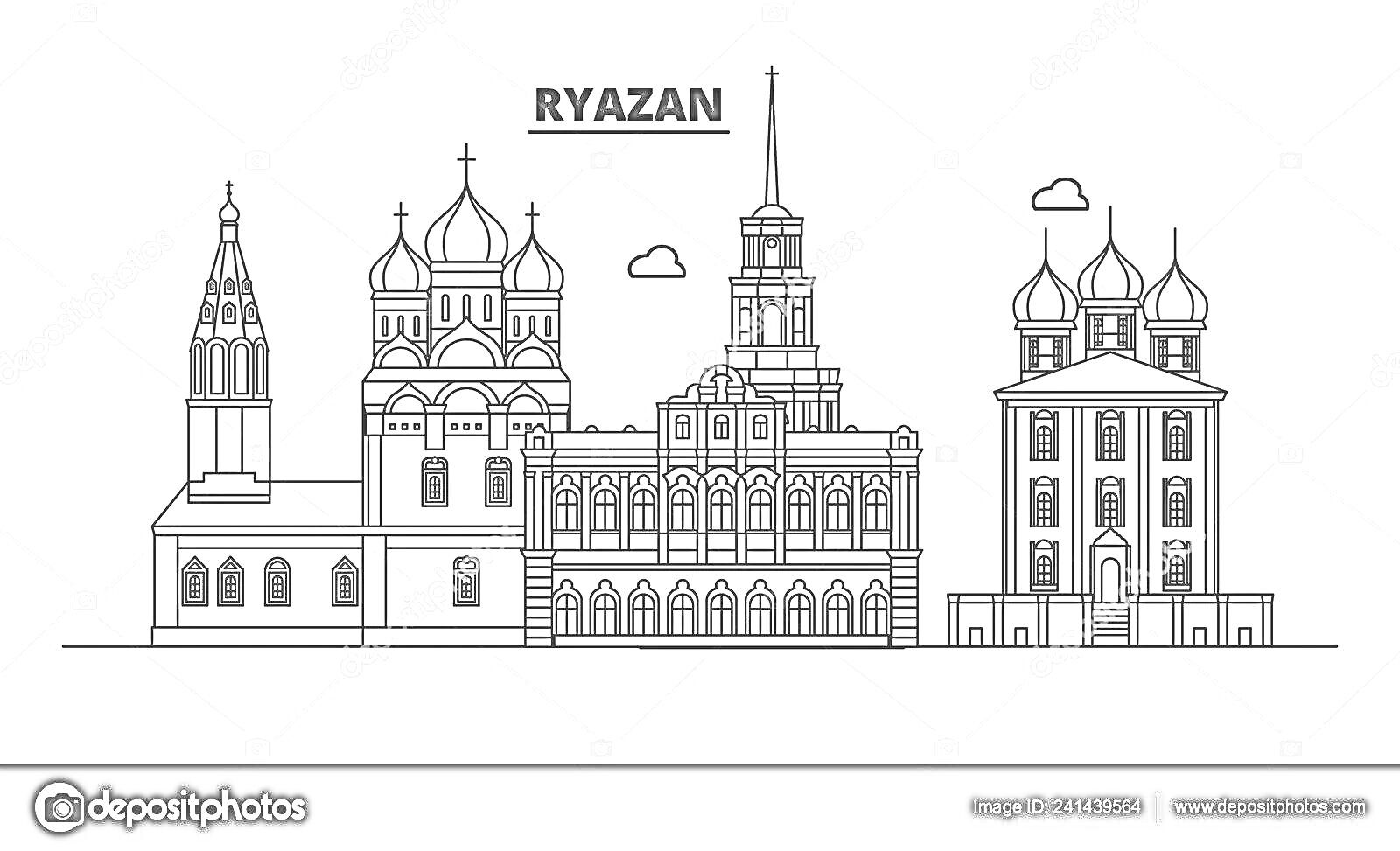 На раскраске изображено: Рязань, Архитектура, Достопримечательности, Соборы, Здания, Облака