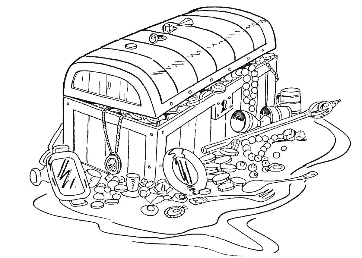 Раскраска Сундук с сокровищами: золотые монеты, драгоценности, кольца, браслеты, ожерелья, сундук, бутылки, песок, кинжал, ложка, зеркало