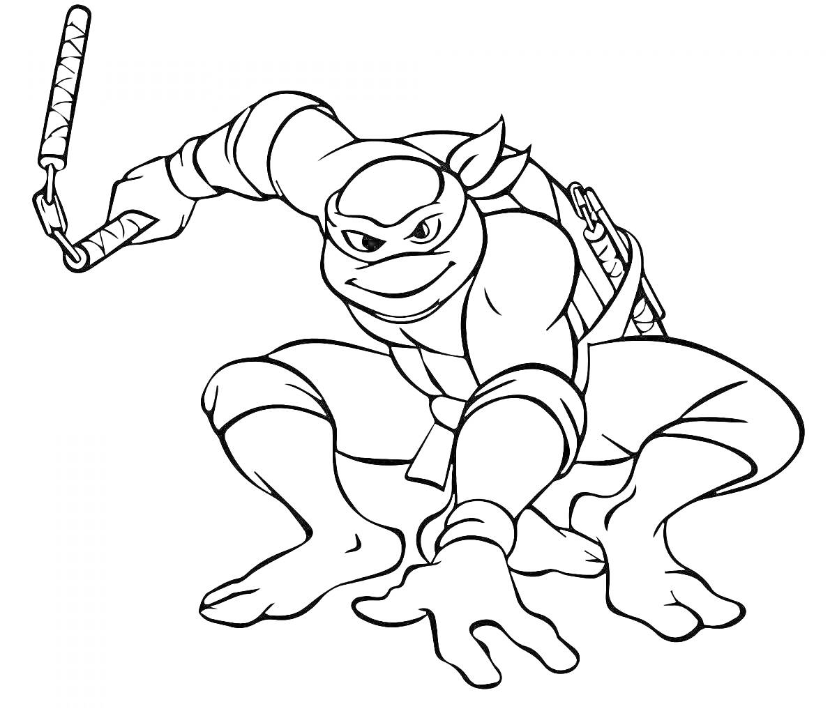 Раскраска мультяшный боевой черепаха-ниндзя с нунчаками в правой руке и катанами на спине, в боевой готовности, на корточках