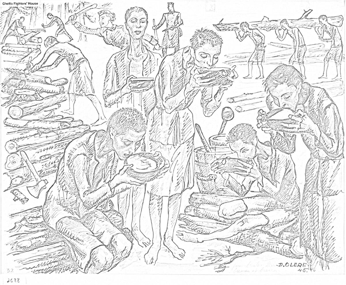 Раскраска Узники концлагеря во время приема пищи, голодные люди с мисками, закованные в деревянные бруски, работающие в лагере