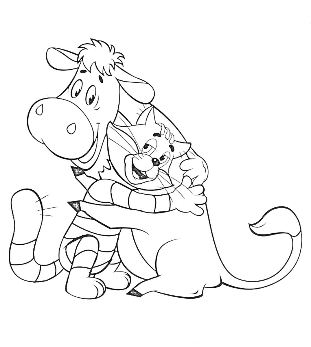Раскраска Корова и кот из Простоквашино обнимаются