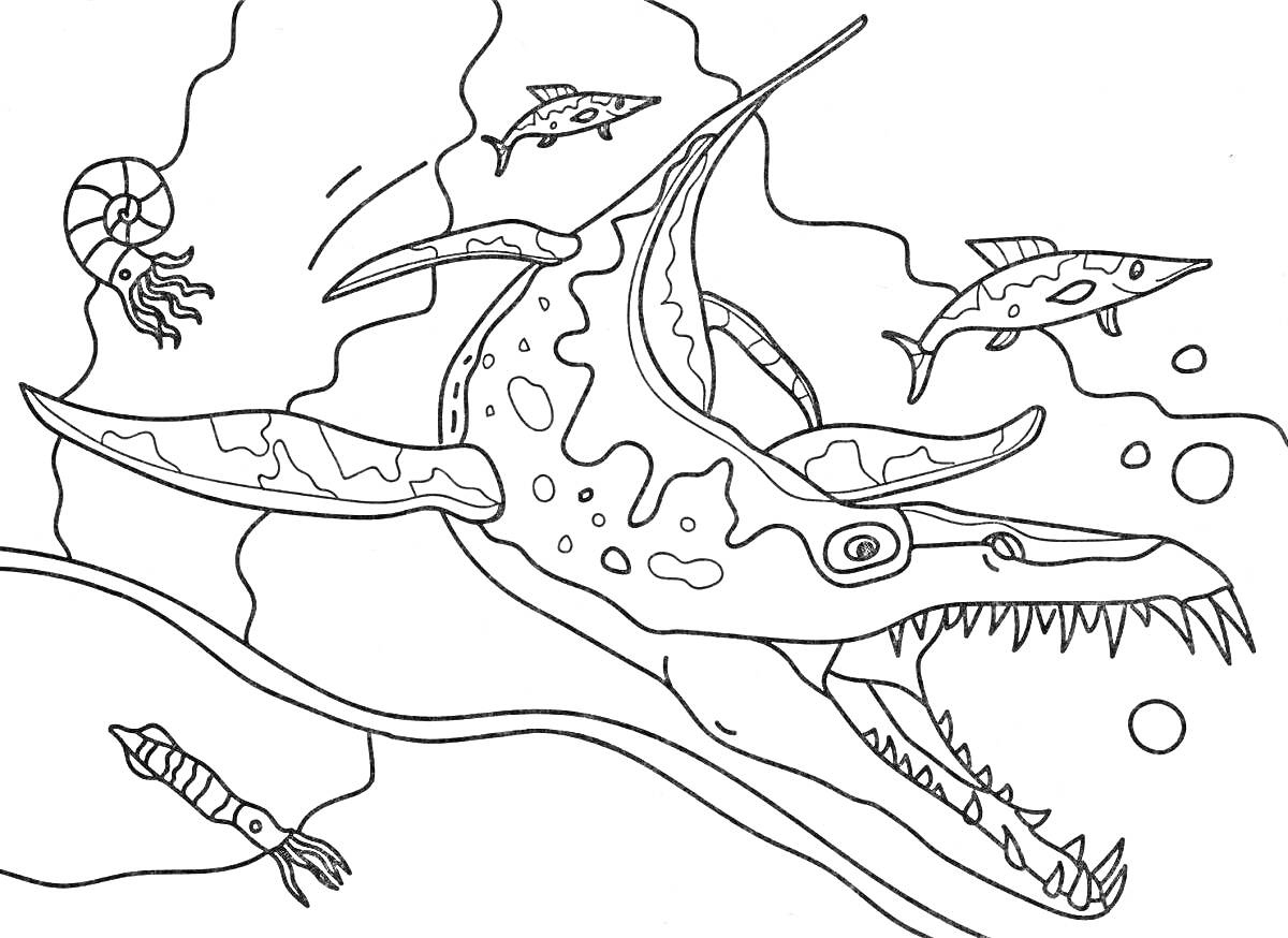 Раскраска Водный мир с динозавром: крупный хищный динозавр, рыбы, моллюск, головоногий моллюск, плавающий рядом