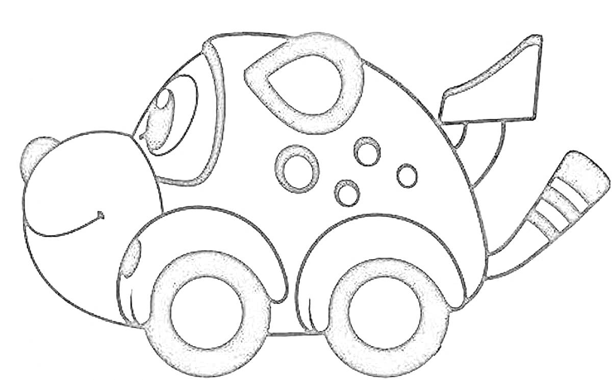 Раскраска Врумиз - машинка с глазами и ушами, напоминающая собаку, с хвостом и круглыми колесами