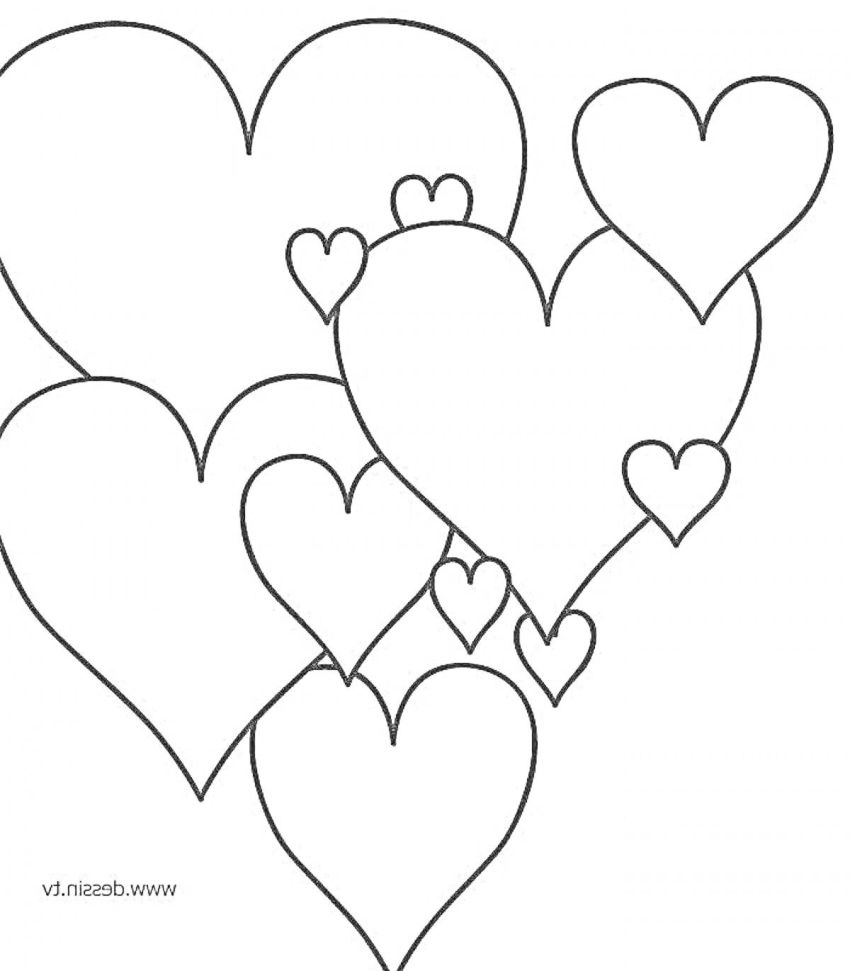 Раскраска Раскраска с изображением восьми различных по размеру сердечек