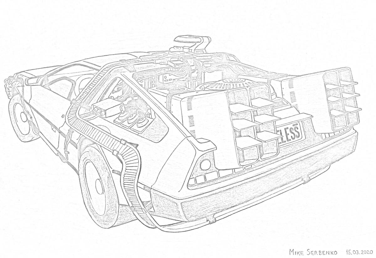 Раскраска ДеЛориан машина времени с задней стороны, видны детали конденсатора потока, номерной знак 