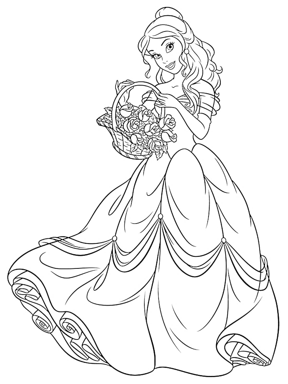 На раскраске изображено: Принцесса, Длинные волосы, Пышное платье, Корзина, Цветы, Дисней, Контурные рисунки