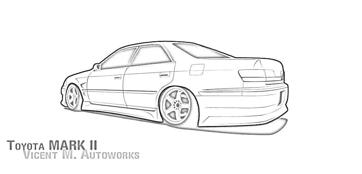 Раскраска Toyota MARK II от Vicent M. Autoworks, боковой профиль автомобиля со спойлером и крупными колесами