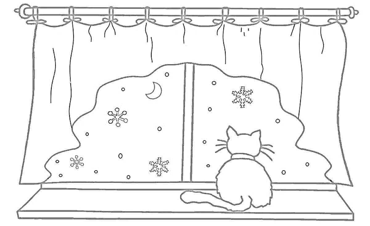 На раскраске изображено: Кот, Подоконник, Зима, Занавески, Снежинки, Месяц, Снег, Ночь