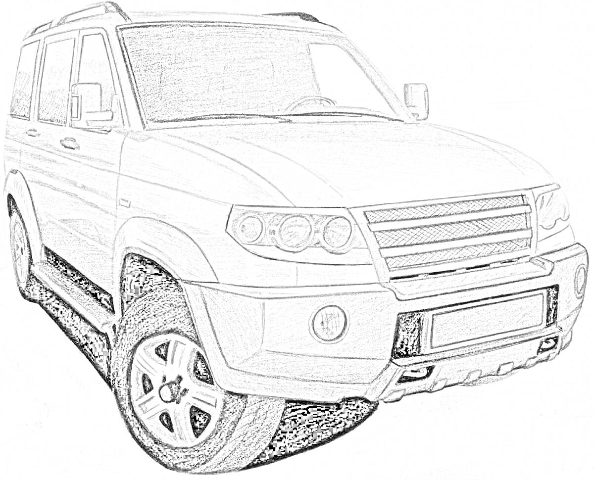 Раскраска УАЗ Патриот, вид спереди, видны фары, решетка радиатора, бампер, передние колеса, боковое зеркало, крышу с багажником.