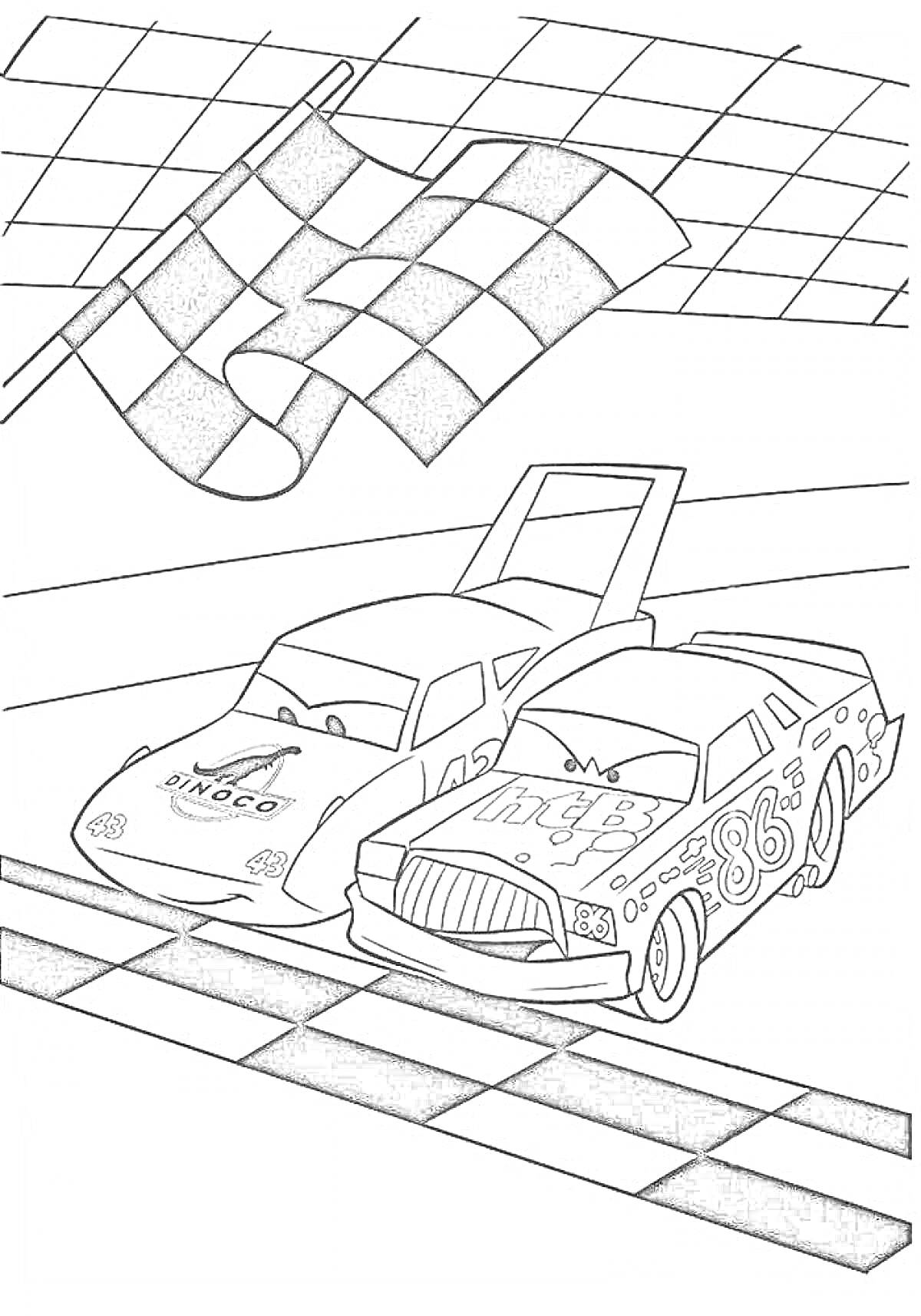 Раскраска Две гоночные машины под клетчатым флагом на финишной линии