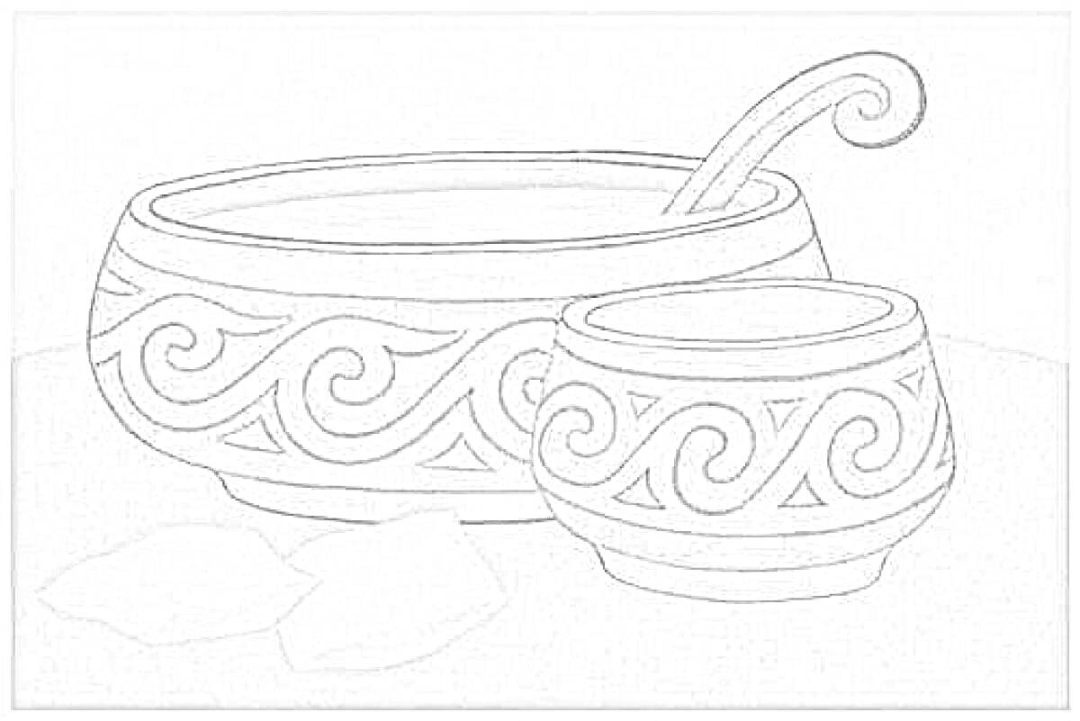 Раскраска Традиционные национальные ёмкости с орнаментом, состоящие из чаши, кружки и маленькой ложки, расположенные рядом с двумя белыми кубиками