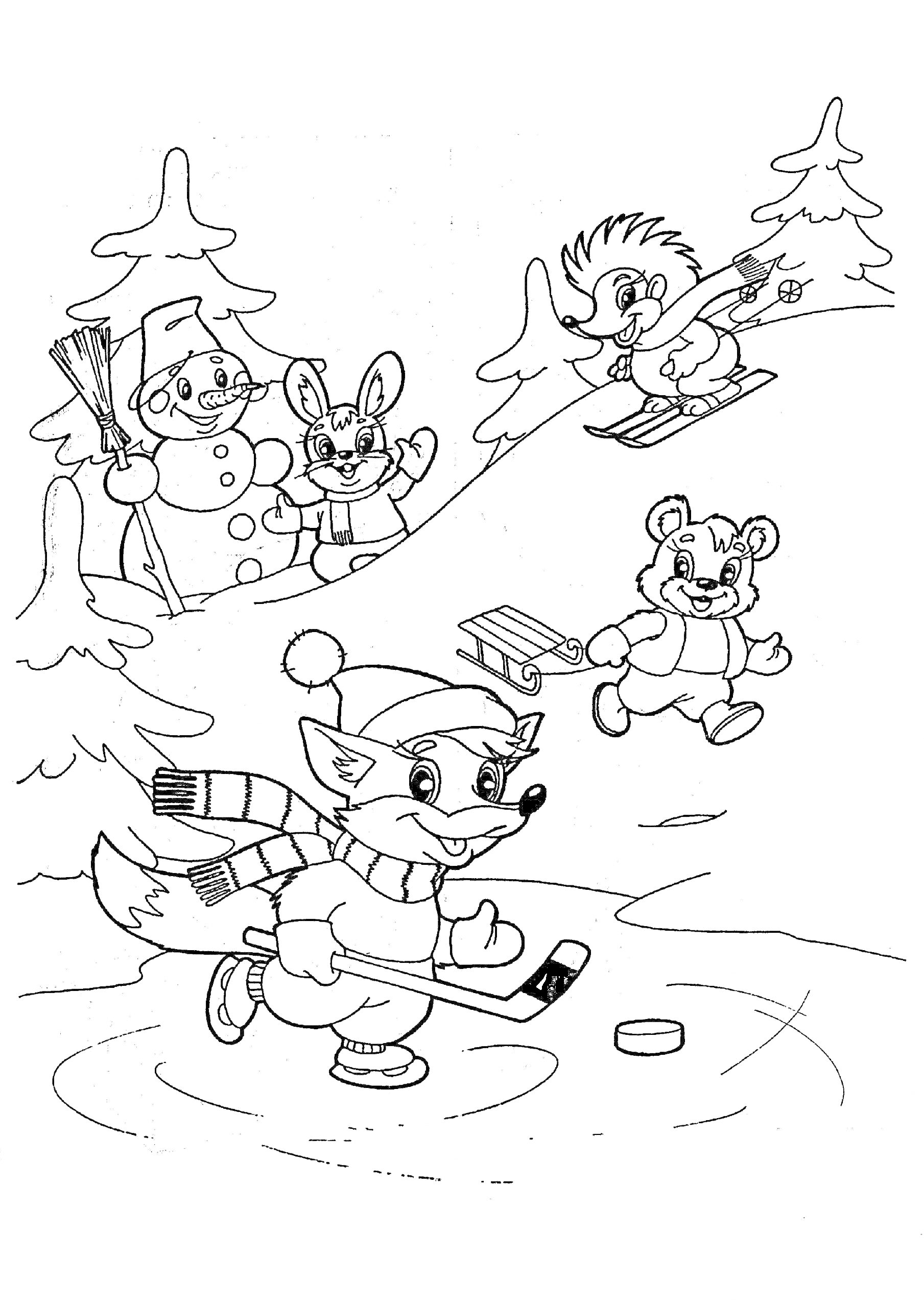 Раскраска Лиса, играющая в хоккей на льду, медведь с книгами, заяц, ёжик на лыжах и снеговик в зимнем лесу