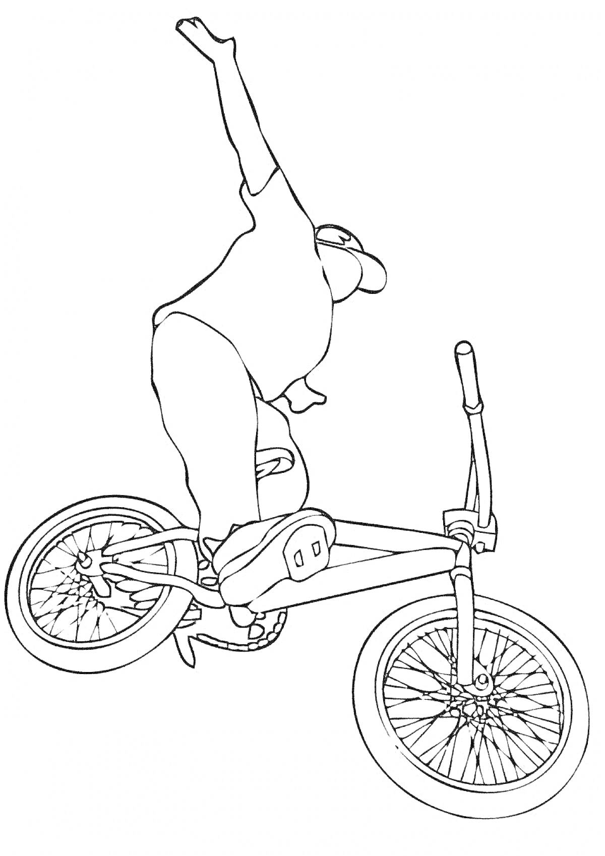 На раскраске изображено: Велосипед, BMX, Трюк, Велосипедист, Спорт, Движение