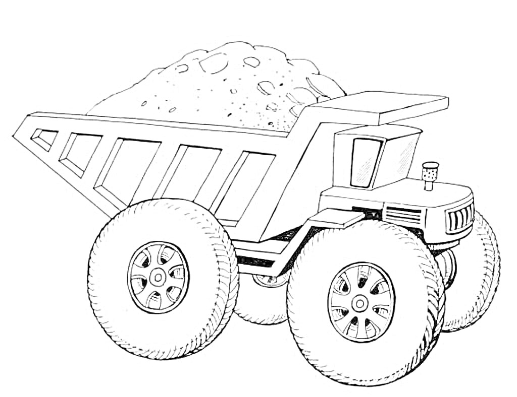 На раскраске изображено: Самосвал, Большие колеса, Груз, Кузов, Строительная техника, Грузовая машина