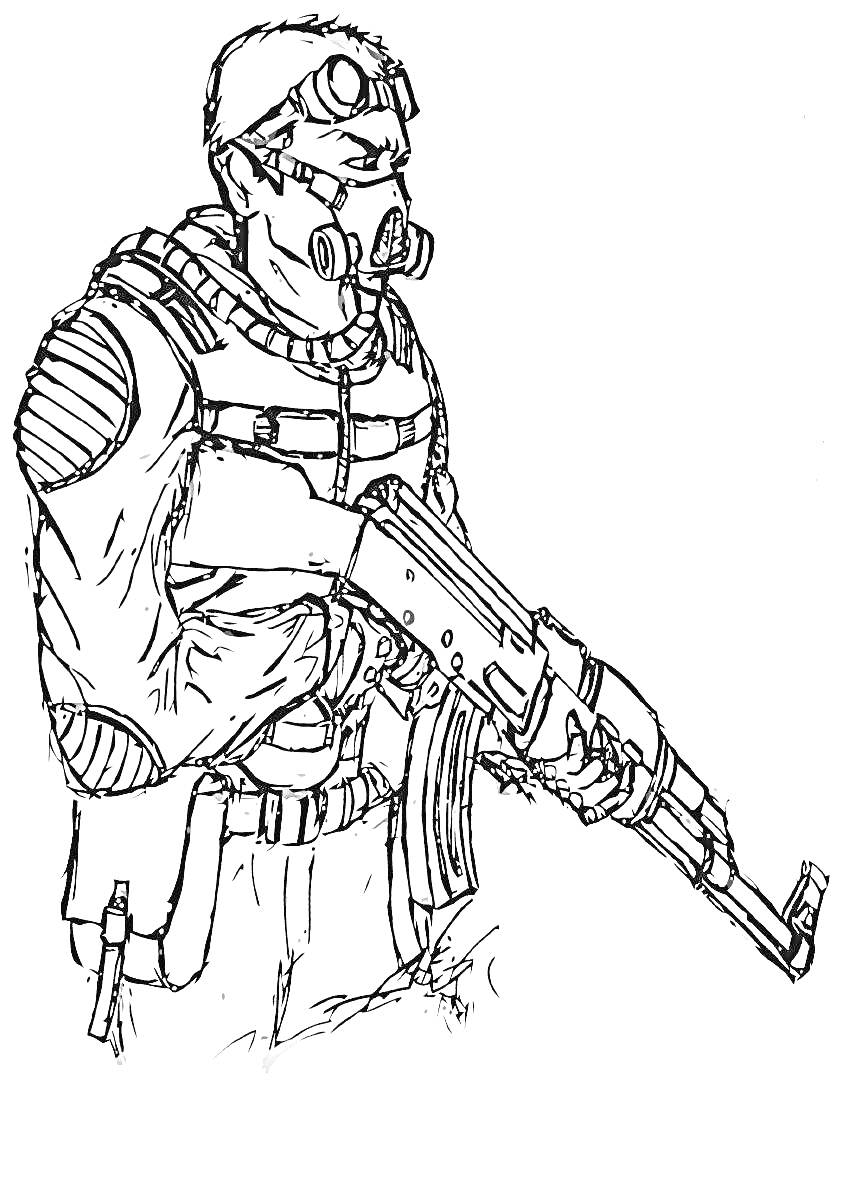 На раскраске изображено: Солдат, Защитный костюм, Оружие, Автомат, Противогаз
