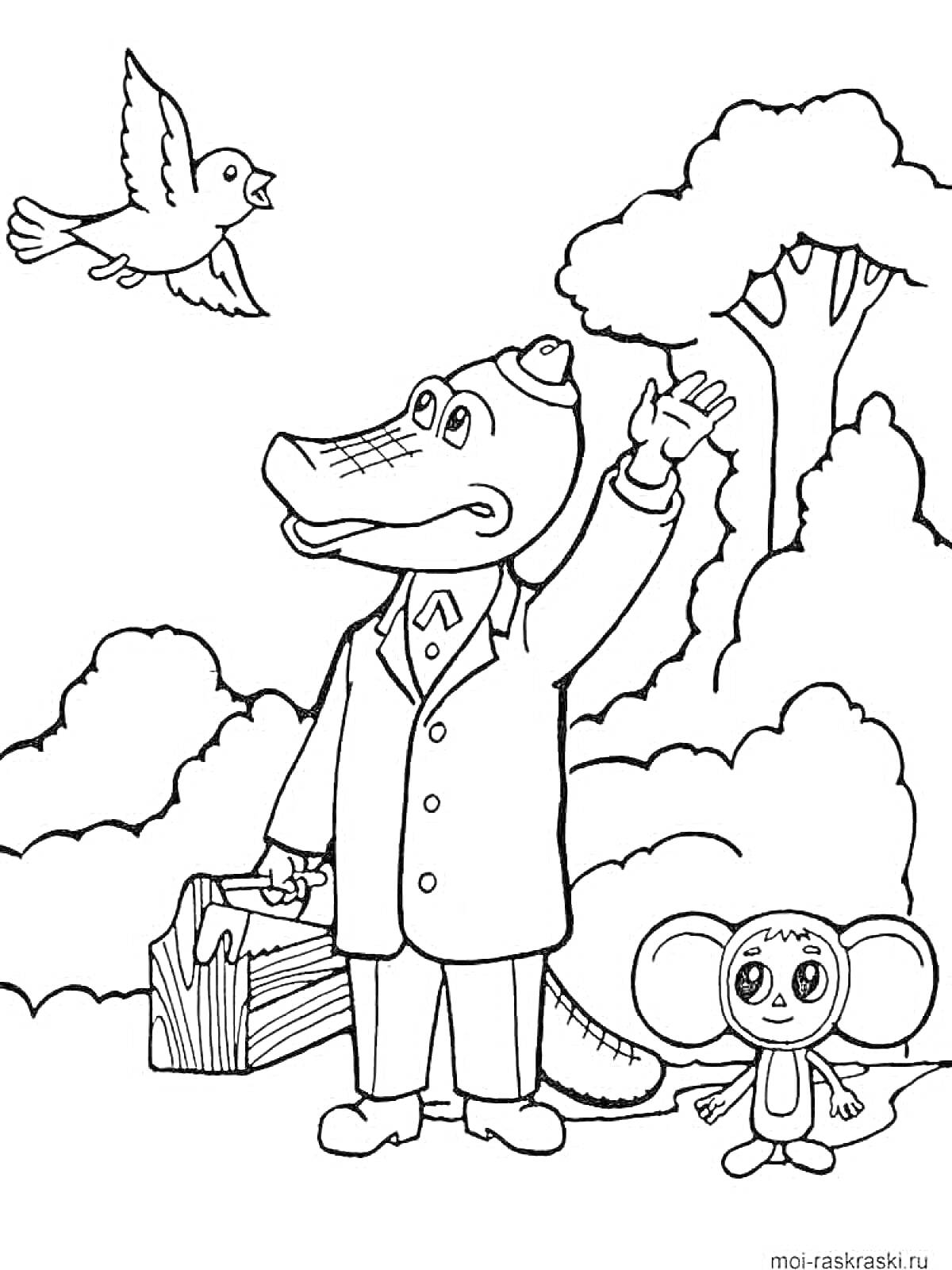 На раскраске изображено: Чебурашка, Крокодил, Птица, Деревья, Облака, Звери, Крокодил Гена