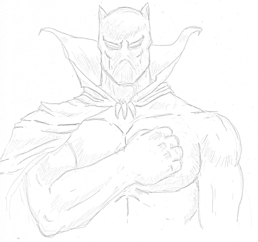 Раскраска Человек в костюме Чёрной Пантеры со сжатым кулаком на груди, накидка с высокий воротником
