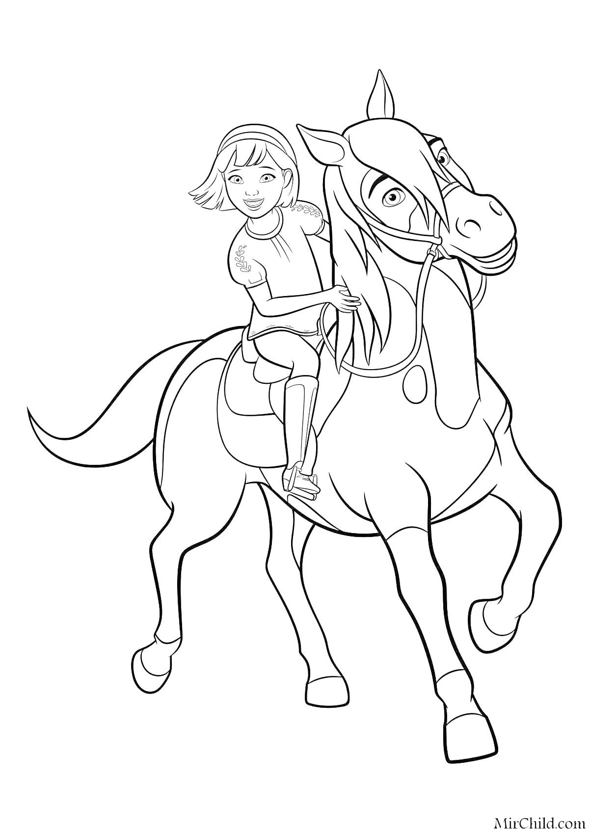 На раскраске изображено: Спирит, Лошадь, Девочка, Верховая езда, Приключения