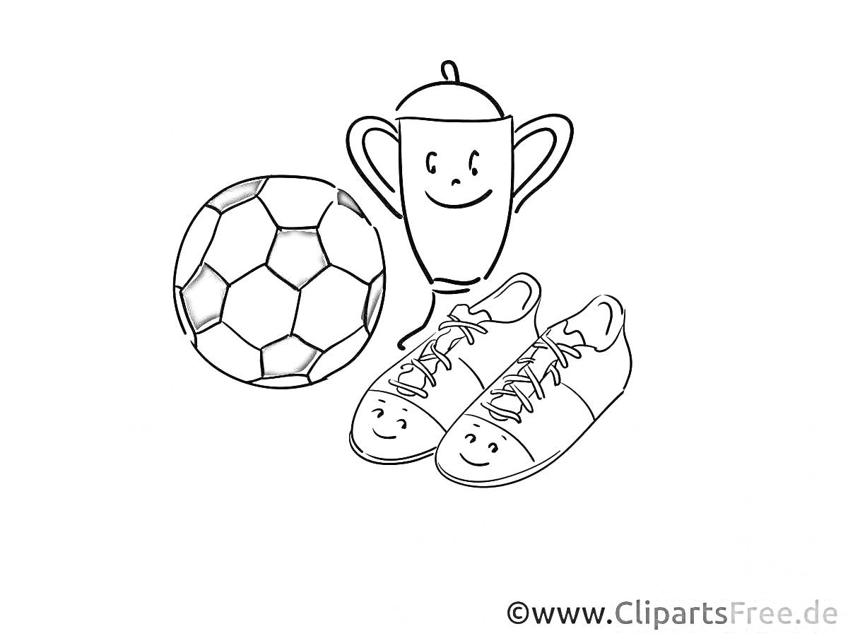 На раскраске изображено: Бутсы, Трофей, Футбол, Спортивная экипировка, Спорт, Детское творчество