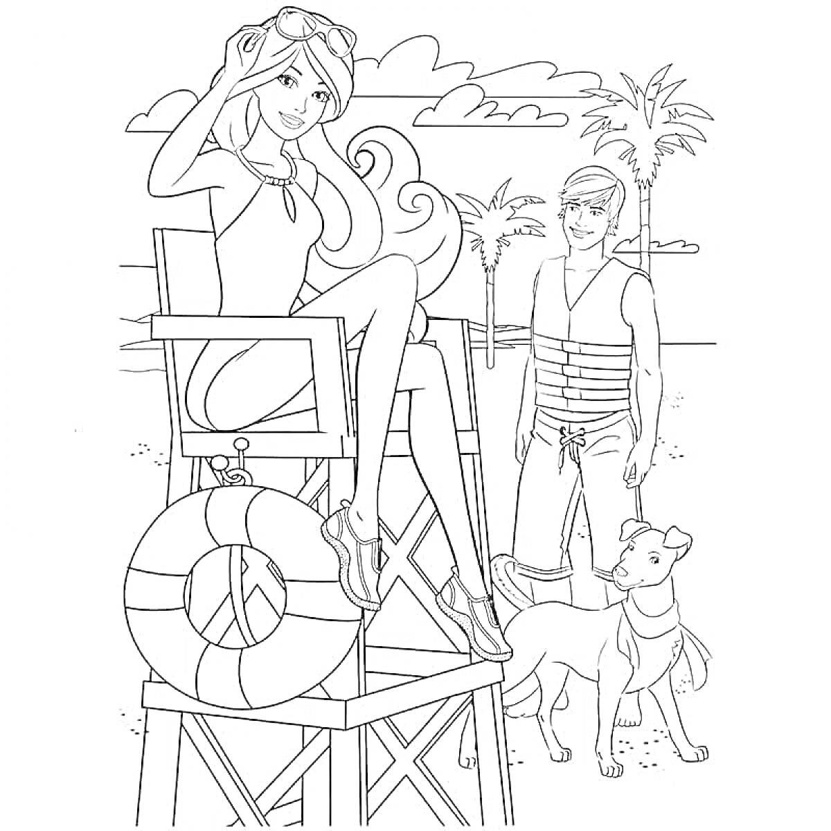 На раскраске изображено: Барби, Кен, Пляж, Спасательный круг, Собака, Пальмы, Лето, Отдых