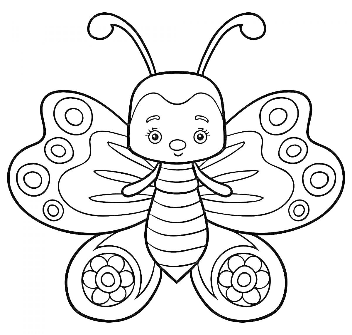 Раскраска бабочка с узорами на крыльях и милой мордочкой