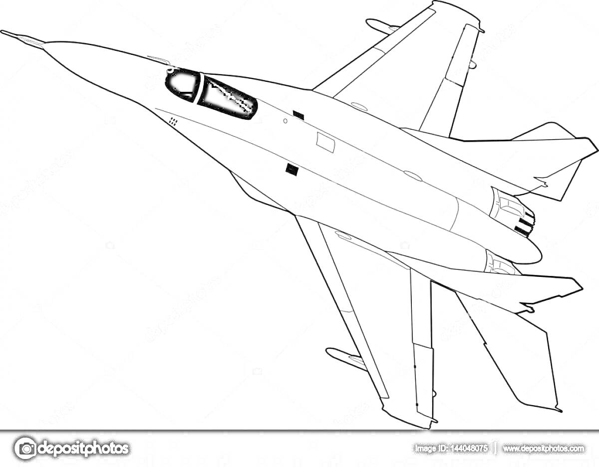 На раскраске изображено: МиГ-29, Истребитель, Авиация, Полет, Военный, Техника