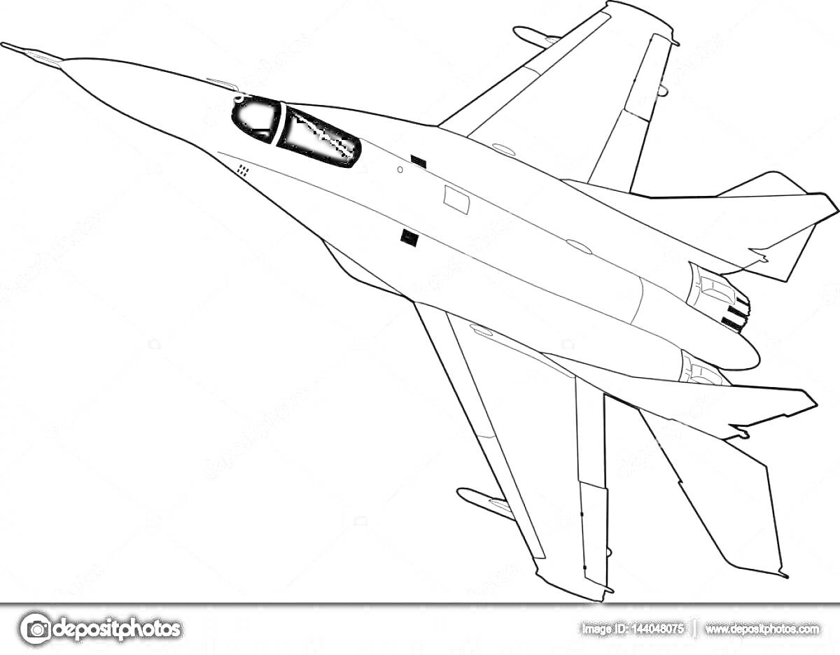 Раскраска Самолет МиГ-29, в полете, вид сверху, контурный рисунок, черно-белый