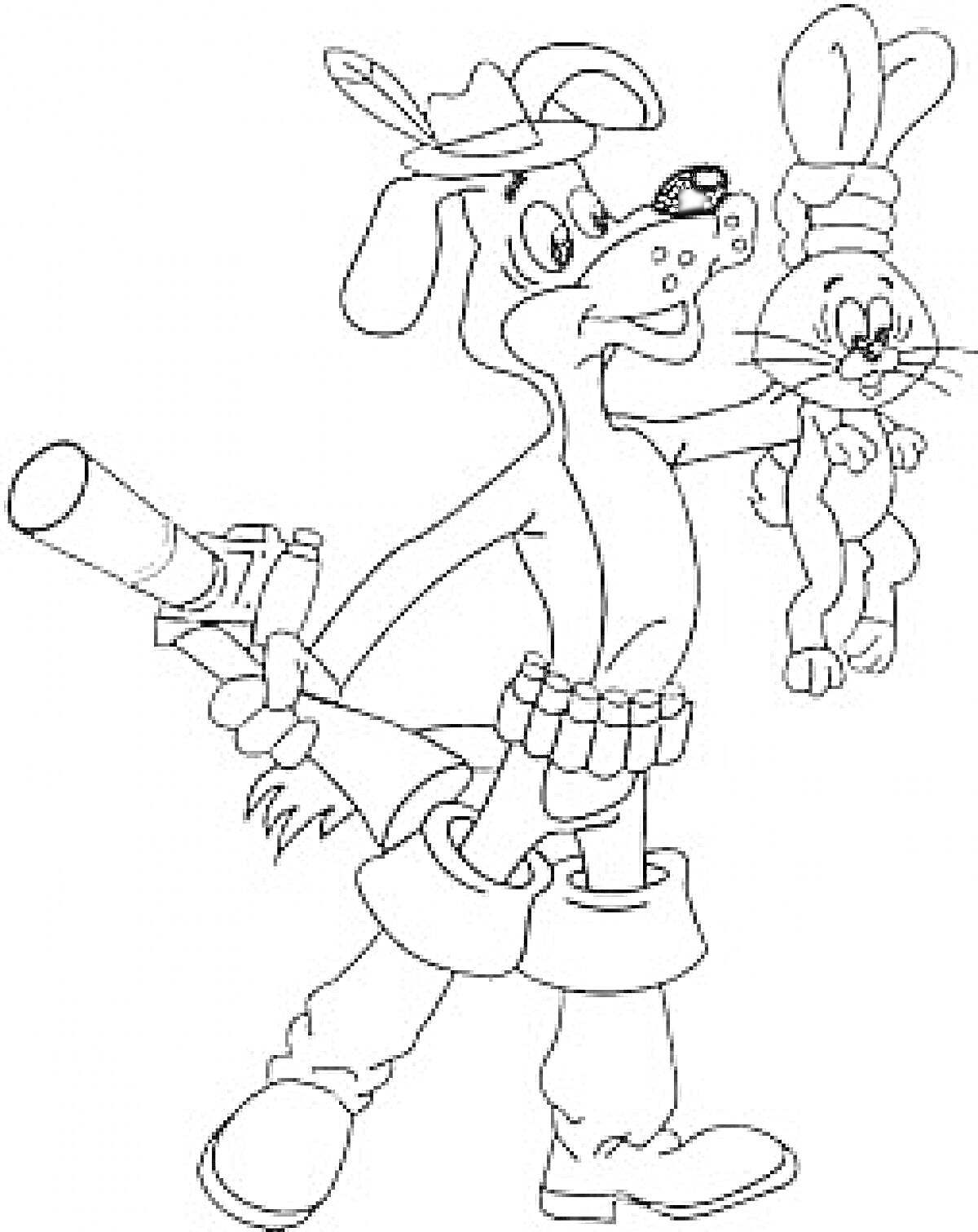Раскраска Собака с охотничьим оружием и пойманным зайцем