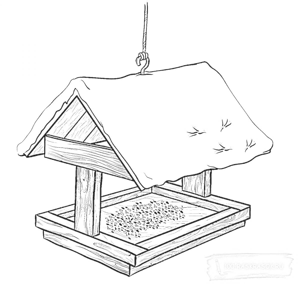 Раскраска Кормушка с крышей на веревке и кормом для птиц