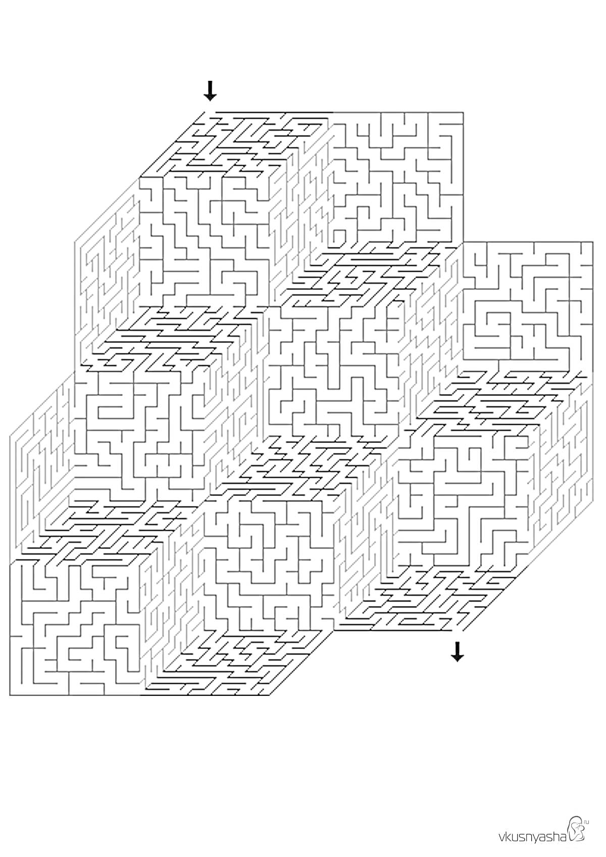 На раскраске изображено: Лабиринт, Головоломка, Кубы, Стрелки, Вход, Выход