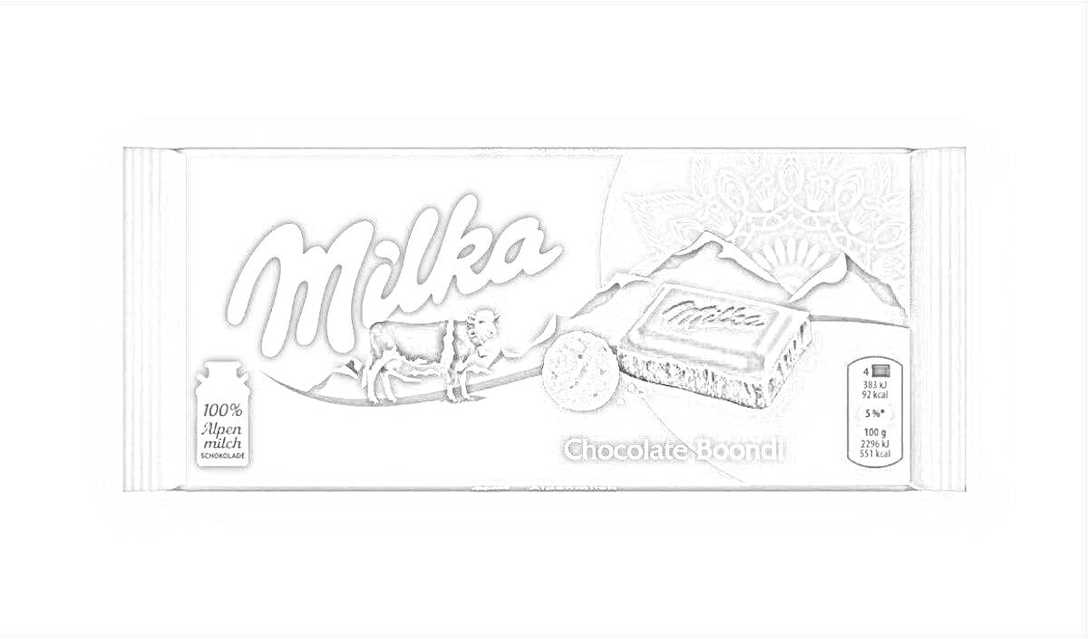 На раскраске изображено: Milka, Горы, Корова, Упаковка