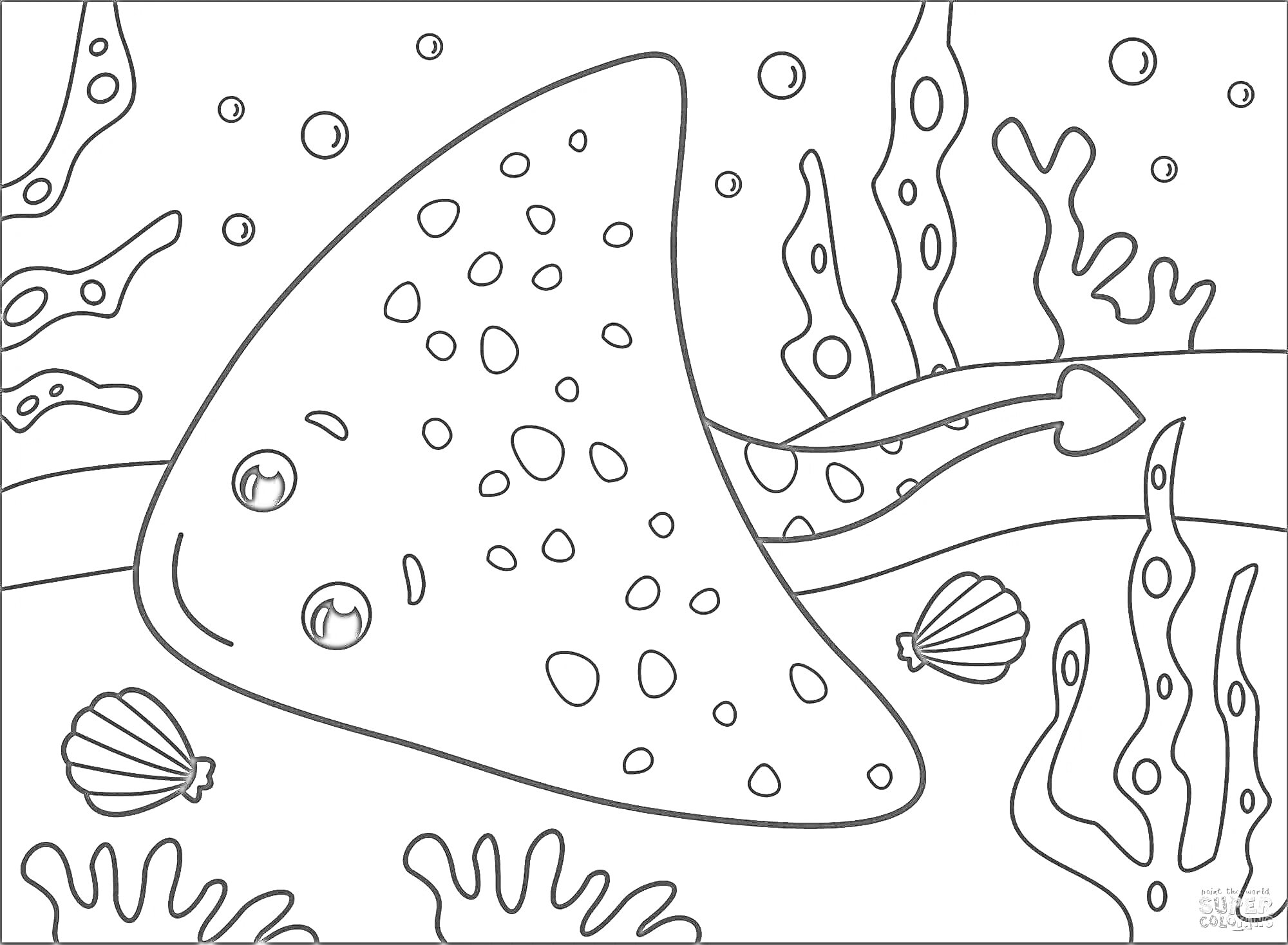 На раскраске изображено: Скат, Подводный мир, Водоросли, Море
