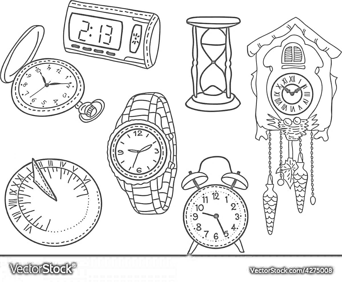 На раскраске изображено: Электронные часы, Песочные часы, Наручные часы, Карманные часы, Старинные часы, Часы с кукушкой, Будильник, Время, Часы