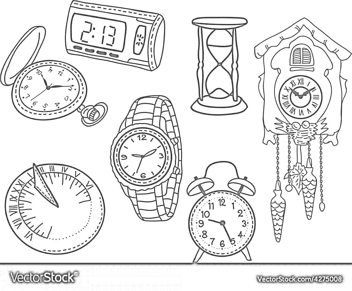 Раскраска Коллекция различных видов часов (электронные часы, песочные часы, наручные часы, карманные часы, старинные часы с кукушкой, будильник, солнечные часы)