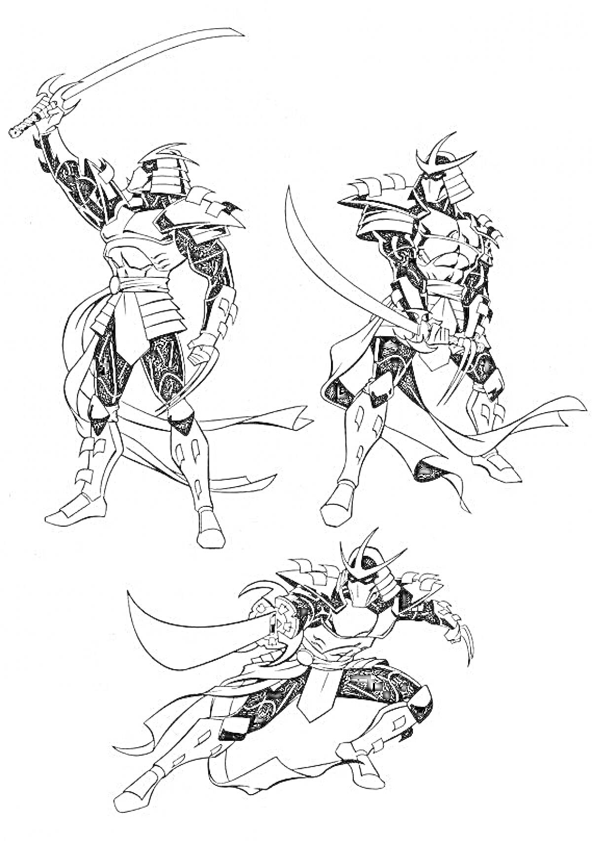 Раскраска Три воина в доспехах с катанами из игры Shadow Fight 2