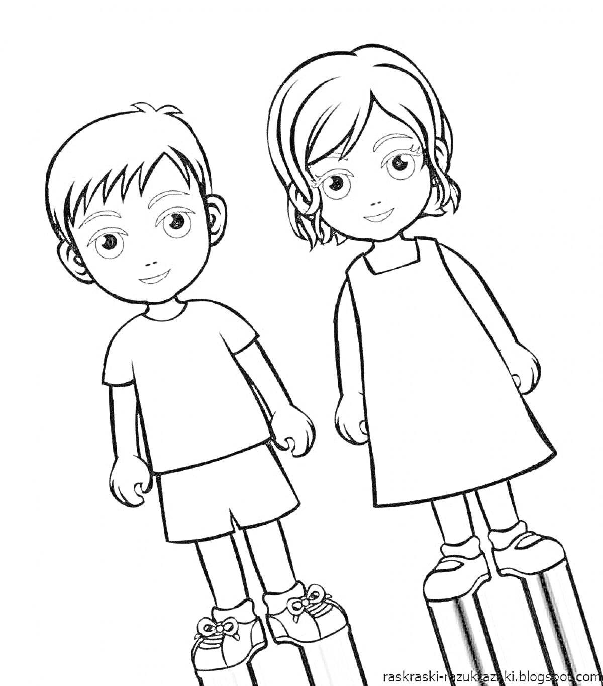 Раскраска мальчик в футболке и шортах и девочка в платье на ходулях