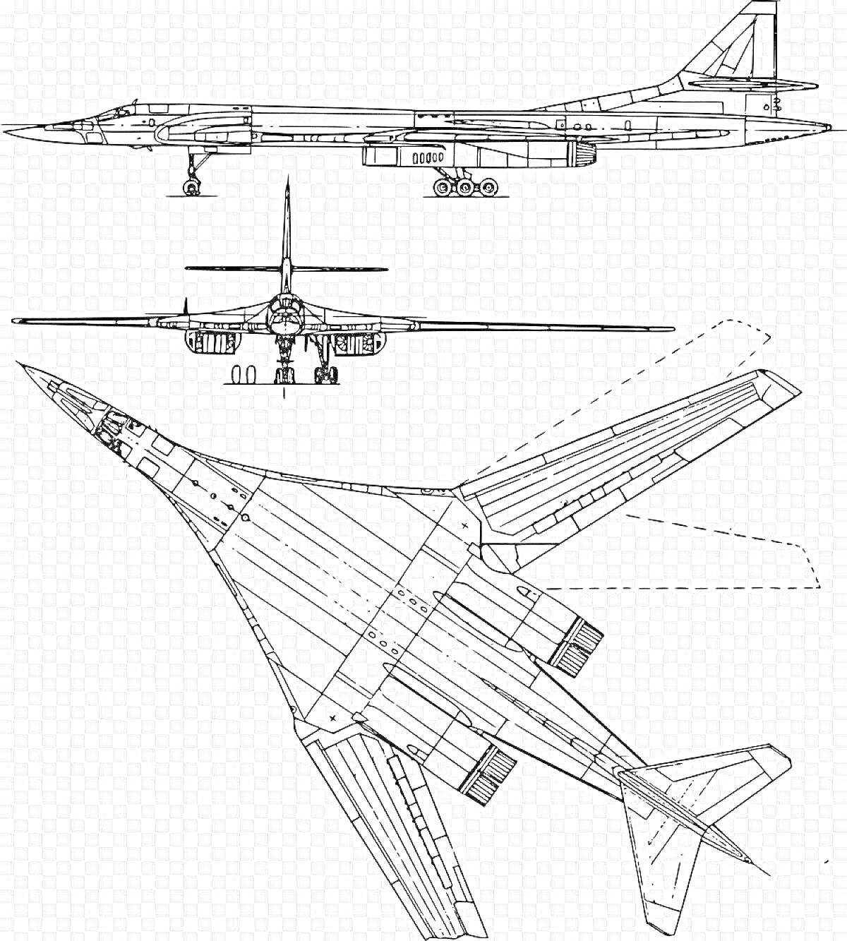 Раскраска Видовые чертежи Ту-144 с трех ракурсов (сбоку, спереди и сверху)