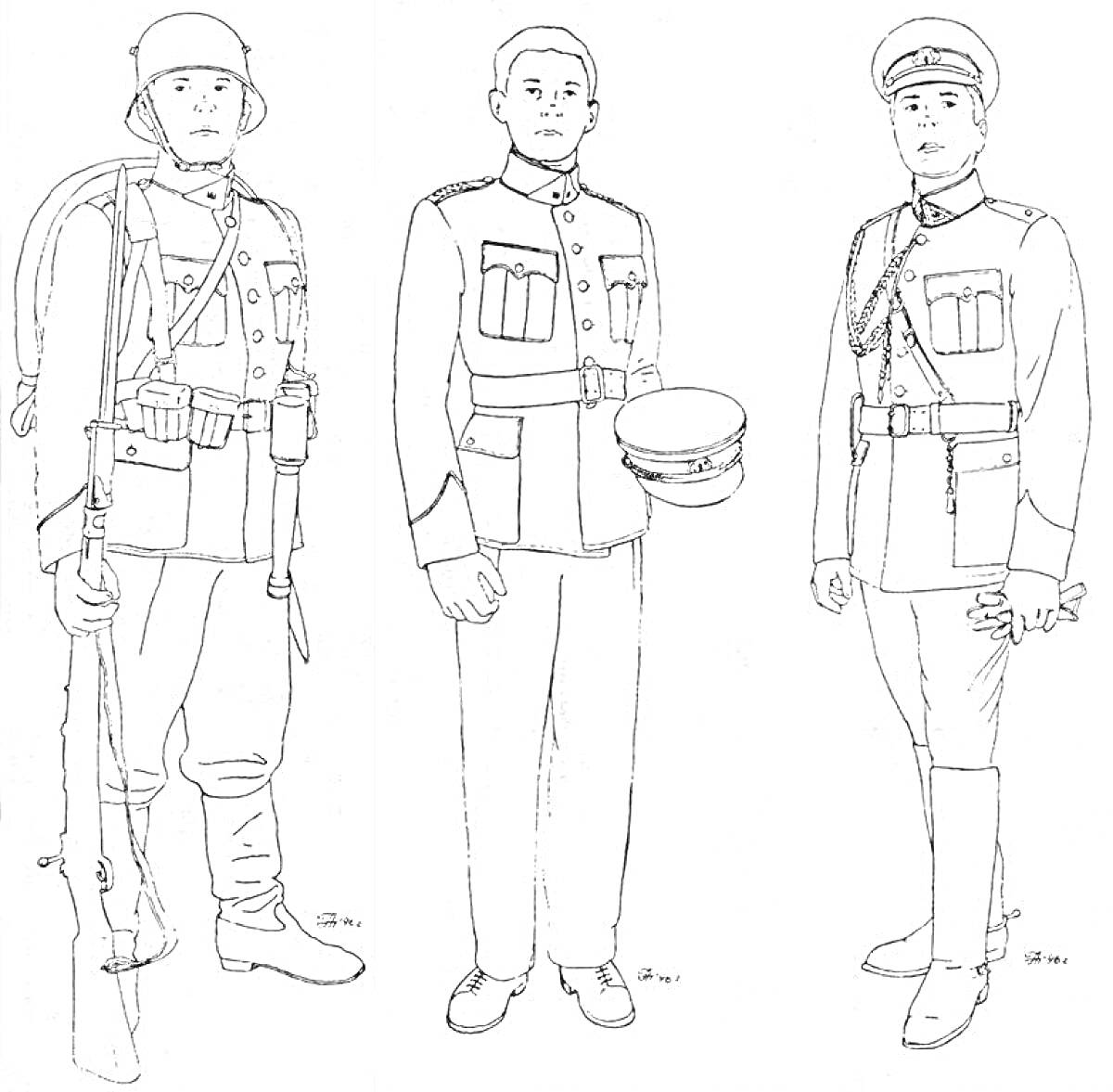 Раскраска Три военных человека в различной форме и снаряжении (солдат с пехотным ружьем и каской, офицер с фуражкой в руках, офицер в кителе с ремнем и шпагой)