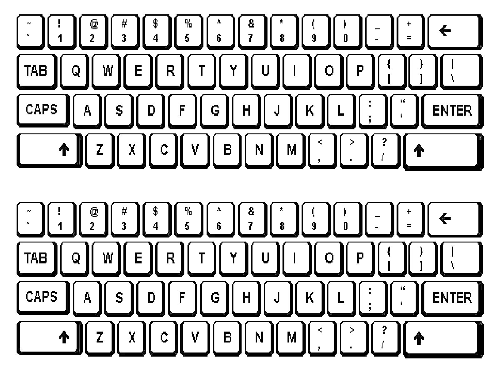 Раскраска Раскраска с полной раскладкой клавиатуры, включая числа, буквы и служебные клавиши (TAB, QWERTY клавиши, CAPS, Shift, ENTER, стрелки).
