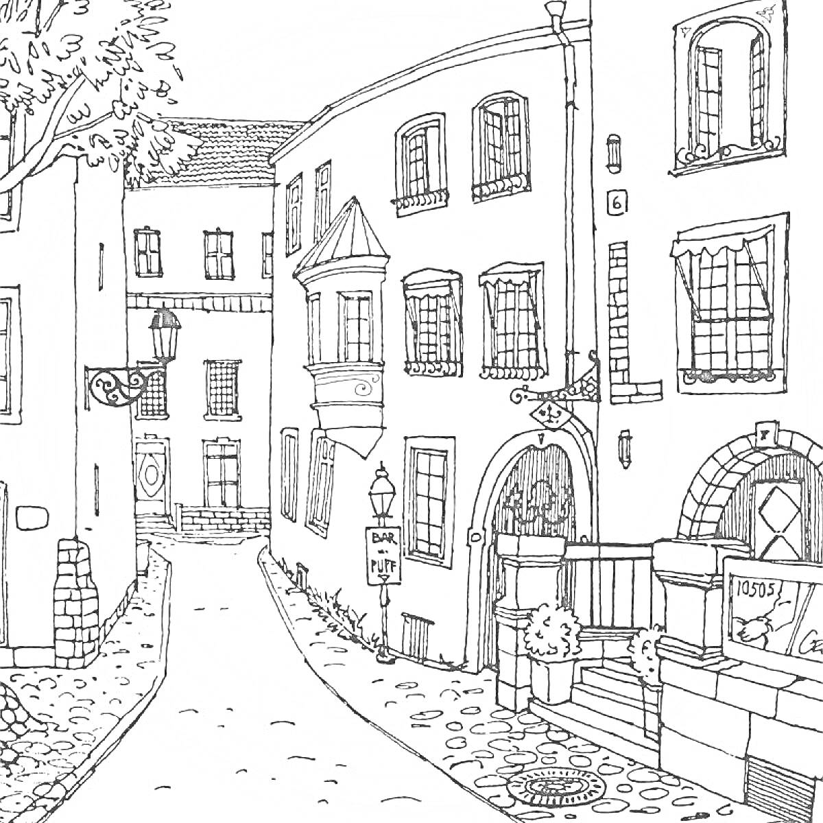 Раскраска Улица старого города с домами, деревом, вывесками, фонарями и мостовой