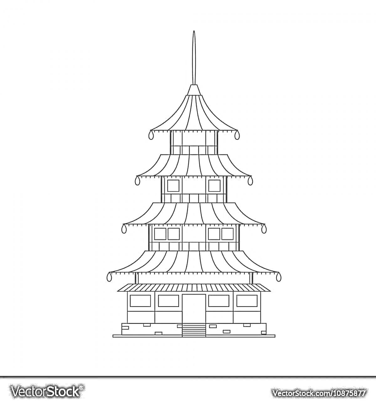 Раскраска Пятиуровневая пагода с многочисленными крышей и окнами