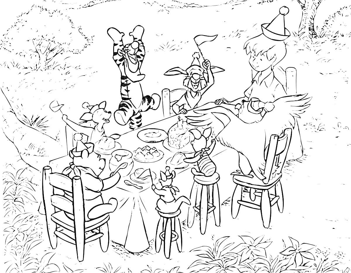 На раскраске изображено: Гости, Лес, Стол, Еда, Пейзаж, Встреча, Пикник, Животные, Ребенок