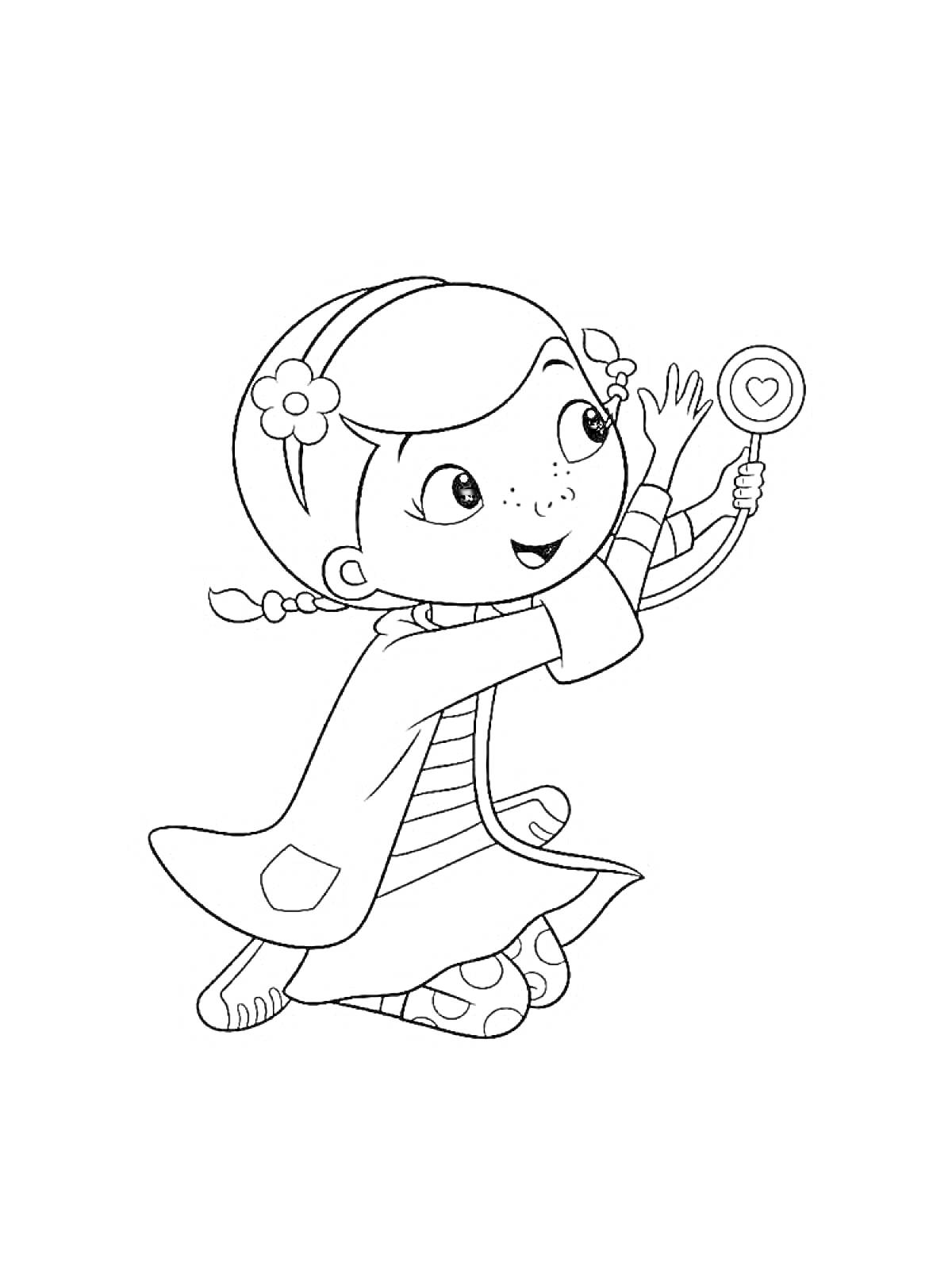 Раскраска Девочка с косичками с цветами, держащая стетоскоп с сердечком, в халате и полосатом платье, на коленях.