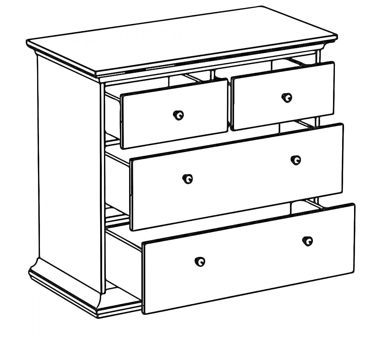 На раскраске изображено: Комод, Мебель, Ящики, Выдвижные ящики, Интерьер, Для детей