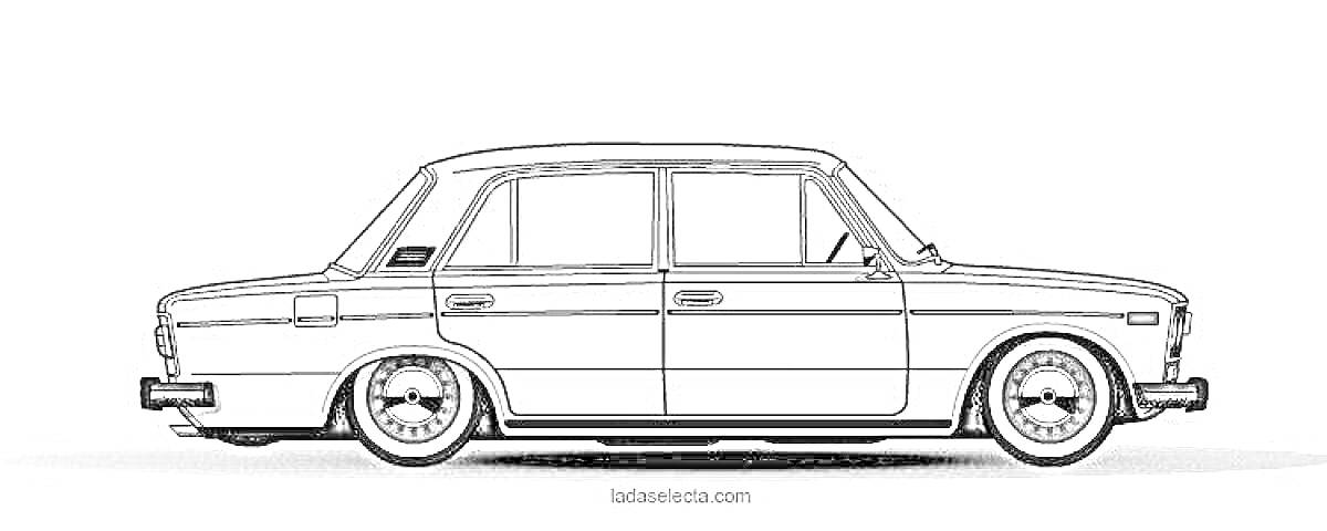 Раскраска Черно-белая раскраска автомобиля ВАЗ-2106 с опущенной подвеской, вид сбоку
