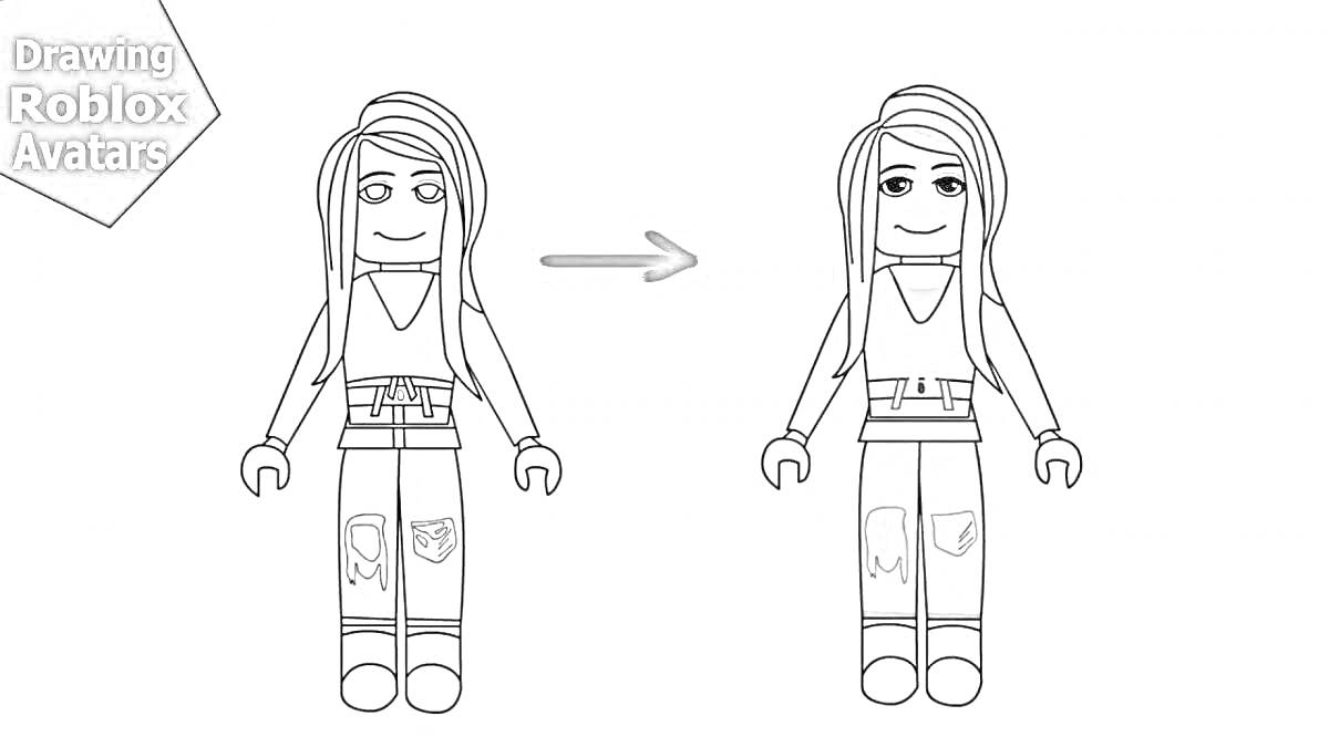 Раскраска Рисование аватара Роблокс для девочек с длинными волосами, в джинсах с рисунками и открытой майке